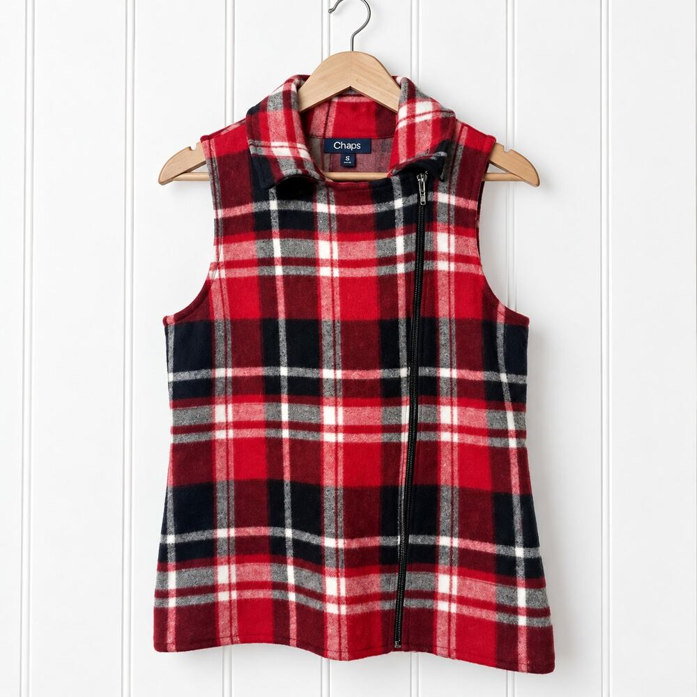 Chaps Plaid Vest Womens Small Red Black White Cotton Full Zip Collared NWT